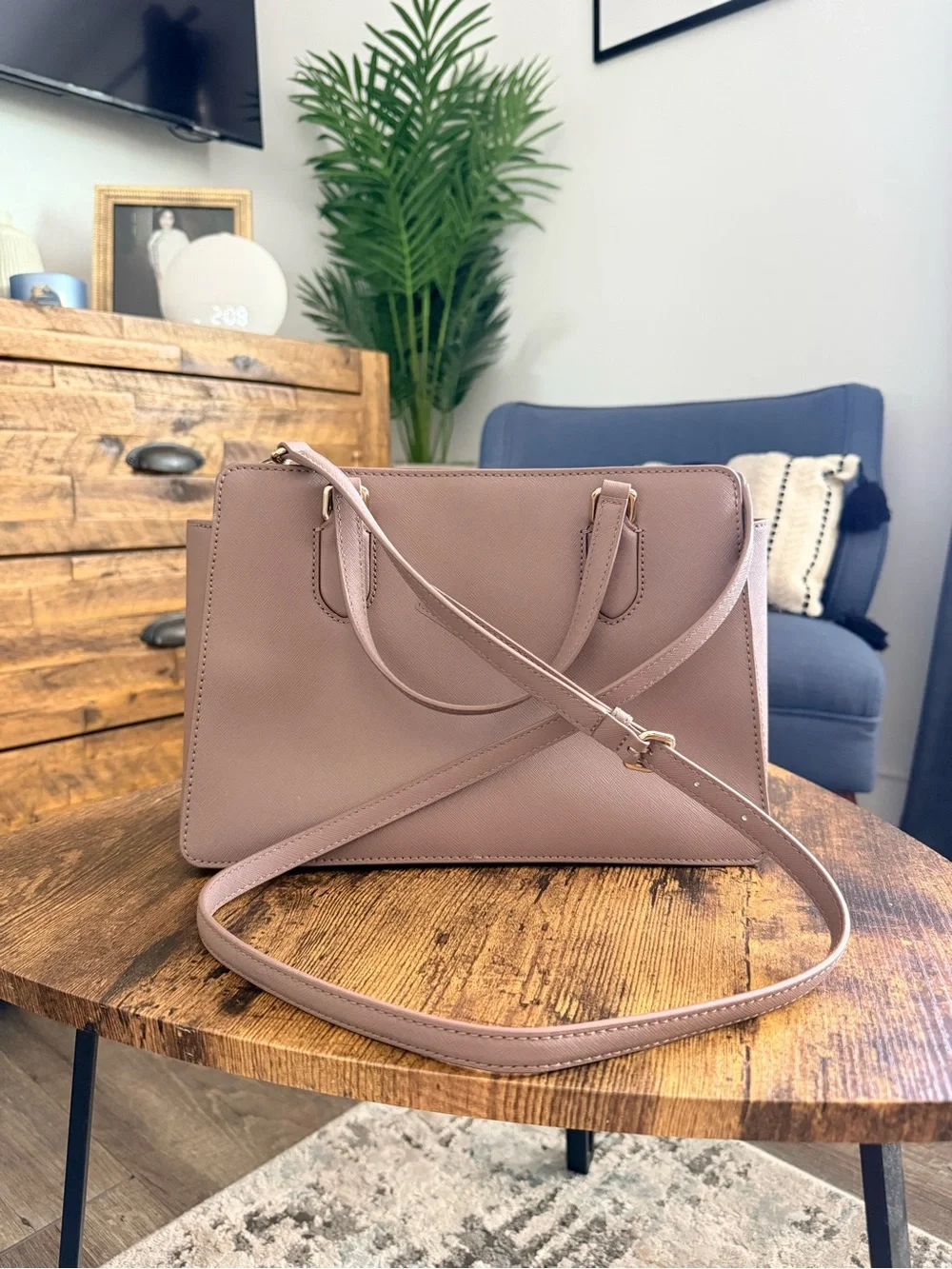 kate spade taupe mauve leather satchel with gold hardware